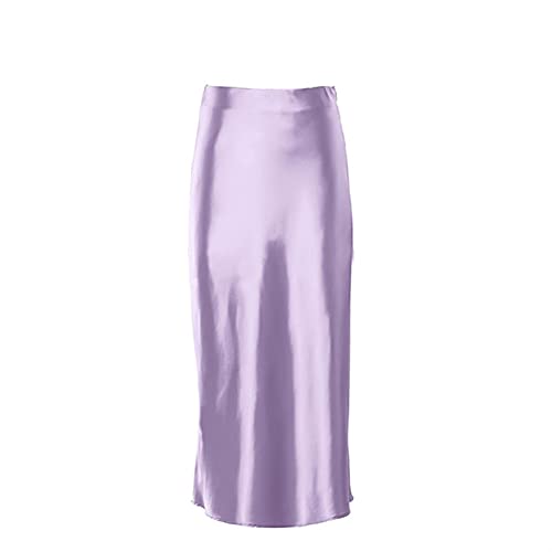 DHDHWL Falda Falda sólida púrpura satén Seda Mujeres de Cintura Alta Cintura Verano Falda Larga Elegantes Oficina Faldas de Oficina Ropa de Primavera (Color : Purple, Size : S)