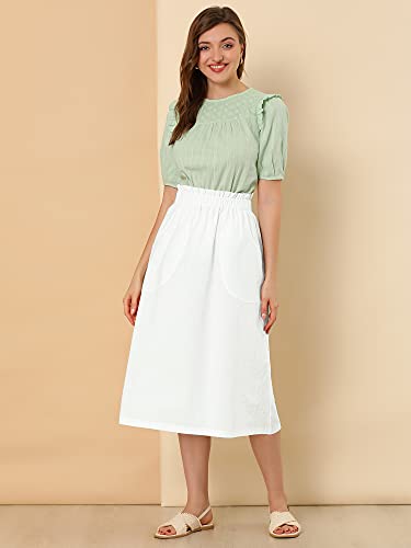 Allegra K Falda de algodón de Cintura elástica Vintage Campesina para Mujer Faldas médicas a Media Pierna con Bolsillos Blanco XL