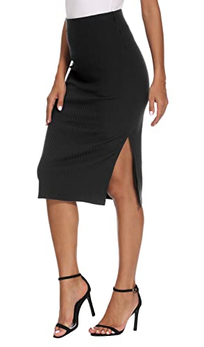 EXCHIC Mujer Texturizado Punto Rodilla Longitud Lápiz Falda Elástico Tubo Falda Cintura Alta Básico Midi Falda Abertura Lateral (XL, Negro)