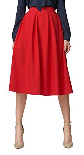 Urban GoCo Mujeres Vintage Falda Midi Plisada A-Line con Bolsillos Faldas Larga Rojo S