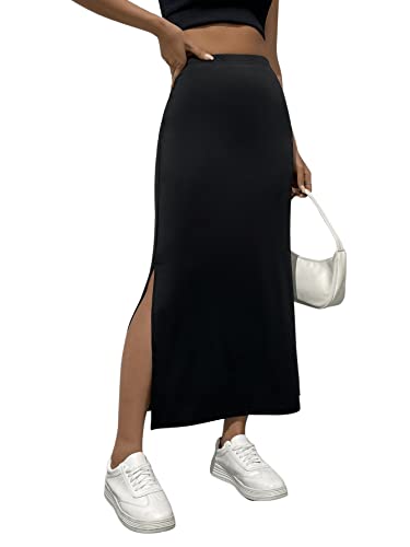GORGLITTER Falda elegante para mujer, faldas largas con hendidura, vintage, retro, falda de ocio, cintura alta, falda de verano con cintura elástica, Negro , S