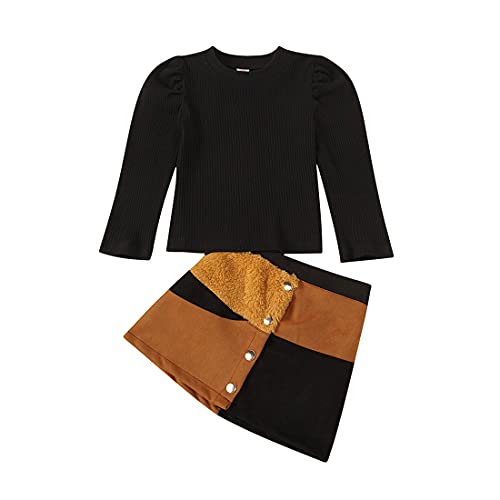 Verve Jelly Camiseta de punto de color sólido de manga larga para bebés y niñas, suéter superior + minifalda con botón de línea A, conjunto de falda de otoño invierno