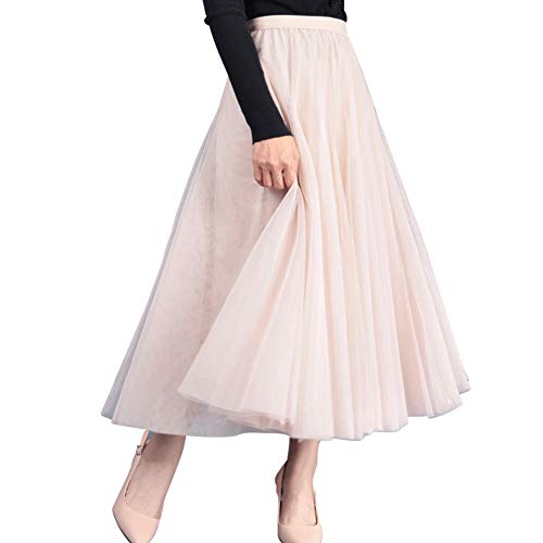 FEOYA - Falda de tul elástica, corte en A, de talle alto, falda midi para mujer, malla, dobladillo grande, falda larga elegante con combinación, beige, Talla única