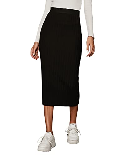 SheIn Falda elegante midi vintage retro faldas casual casual falda de punto acanalado falda lápiz de cintura alta, Negro , S