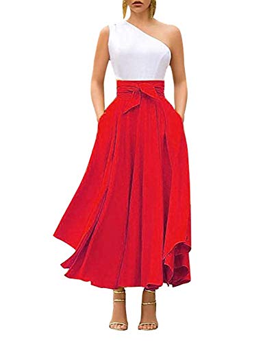 Geagodelia Falda Larga de Mujer de Cintura Alta Falda Acampanada Plisada Elegante con Lazo Dos Bolsillos Irregular Vintage Retro Casual (Rojo, S)