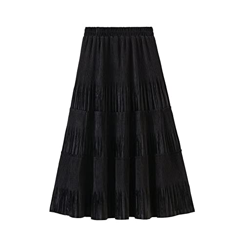 SMEJS Falda plisada de terciopelo largo vintage para mujer Otoño Invierno Elegante mujer Falda de línea de cintura alta (color: negro, tamaño: talla única)