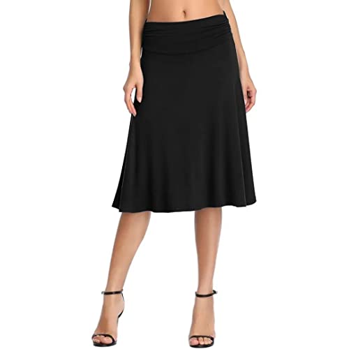 Falda Elegante Elástica hasta la Rodilla Falda Color Sólido Cintura Alta Midi Falda para Mujer (L, Negro Algodón)