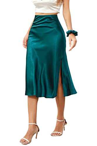 Alcea Rosea Falda Midi de satén con Abertura Lateral para Mujer Falda Sedosa de Cintura Elástica Falda de Tubo de Noche Trabajo Corte al Sesgo (Verde Oscuro, S)