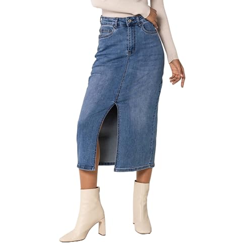 Nina Carter P215 Falda vaquera para mujer, cintura alta, hasta la pantorrilla, con abertura frontal, falda larga, con cremallera, elástica, aspecto desgastado, Azul P215-2, M