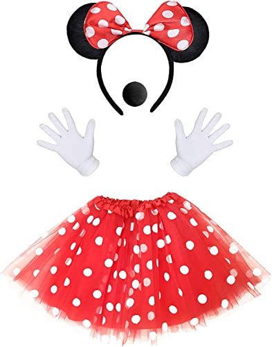 iZoeL Disfraz Mini Mouse Para Mujer Tutú Rojo Lunares Blancos + Diadema Orejas Ratón + Guantes + Nariz Disfraces Lindos Disfraces Cosplay Para Fiesta Temática, Carnaval