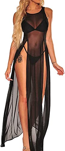 Vestido Sexy de Malla Transparente con Abertura Alta Vestido Largo para Bikini Cover Up para Cubrir Bikini Tops De Red Prendas De Playa Traje De BaÃ±o para Playa Vestido para Mujer (Negro)