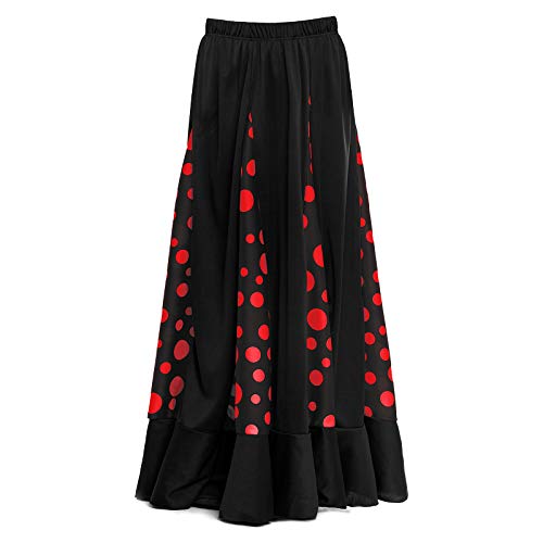 Falda Flamenca Mujer Negra con Quillas Lunares Rojos [Tallas Adulto S a XXL]【Talla L】 Ensayo Baile Danza Disfraz