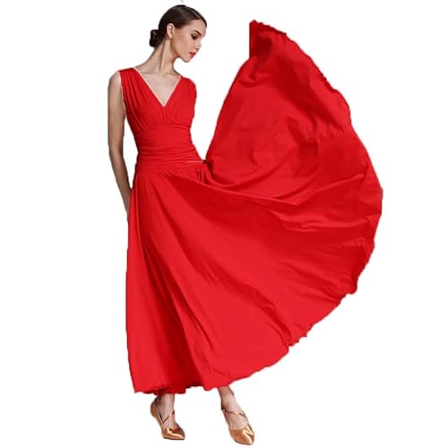 Vestidos De Práctica De Baile De Salón Sin Mangas Mujer Traje De Actuación De Concurso De Flamenco De Vals Cuello En V Elegante Vestido De Tango Estándar Nacional Falda Larga Moderna Vuelo,Rojo,M
