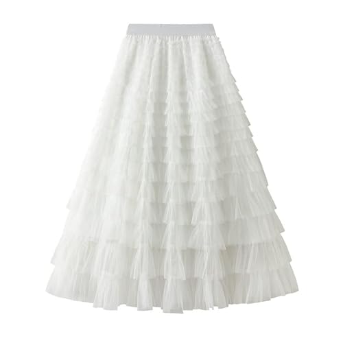 SotRong - Falda de tul para mujer, falda plisada de varias capas con cintura elástica, falda larga escalonada, tutú de malla, falda voluminosa de princesa para fiesta, A-blanco, Talla única
