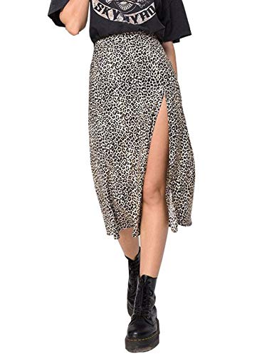 Falda de Leopardo Boho Sexy para Mujer Faldas a Media Pierna de Playa de Verano con Abertura Alta y Baja (Brown, M)