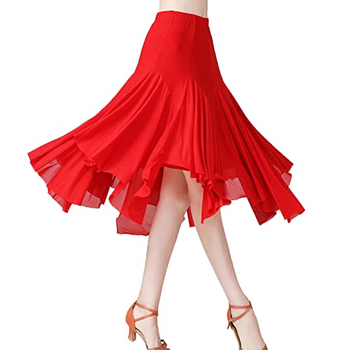 Alvivi Falda de Danza para Mujer Falda de Baile Flamenco Ensayo Vals Salsa Latina Falda de Danza del Vientre Falda Plisada de Baile Latino Salsa Sevillana Rojo Talla única