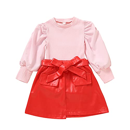 Zukmuk Outfit - Conjunto de ropa para bebé de 18 meses a 6 años para otoño e invierno, manga abovedada y falda de piel sintética, rosa, 5-6 Años