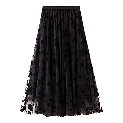 Geagodelia Falda midi de tul elástico para mujer, con bordado de cintura alta, maxi falda plisada clásica de doble capa, E-negro, Talla única