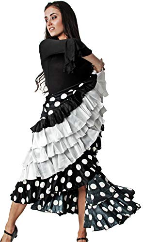 Gojoy shop- Falda Profesional de Lunares para Baile Danza Flamenco o Sevillanas para Mujer con 5 Volantes en 3 Colores Disponibles. (S, Blanco)