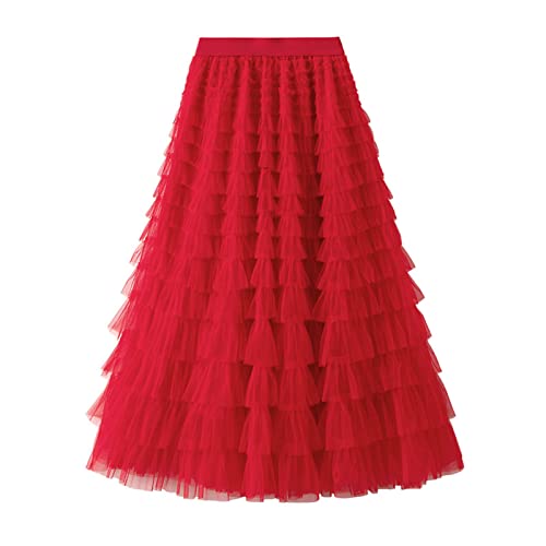 SotRong - Falda de tul para mujer, falda plisada de varias capas con cintura elástica, falda larga escalonada, tutú de malla, falda voluminosa de princesa para fiesta, A-rojo, Talla única