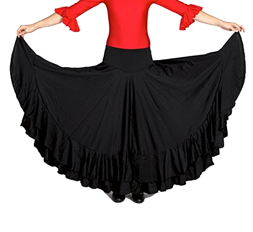 AMINA Falda Profesional de Danza Flamenco con Doble Volante en el bajo. Tejido de Punto Suave y con caída. (Negro/Negro, M)