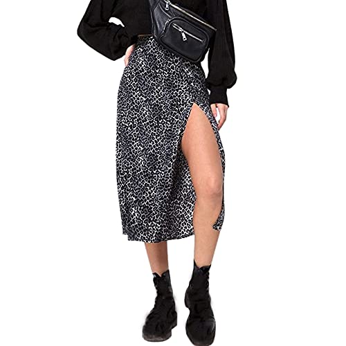 Falda de lápiz sexy larga casual de leopardo floral falda estampada para mujer falda de cintura falda campana mujer, Negro , M