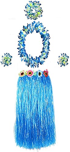 Carnavalife Falda Hawaiana con Collar Pulseras y Diadema de Flores, Disfraces Guirnalda con Elástica para Niñas Mujer Adultos,Pack de 5 piezas (Azul)