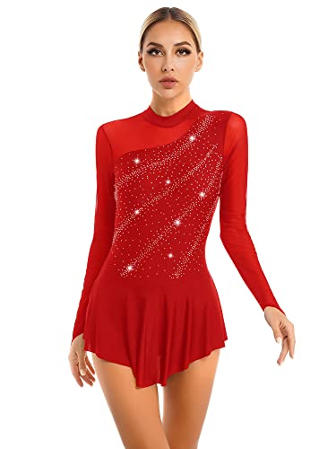 IEFIEL Vestido de Danza Patinaje Hielo para Mujer Manga Larga Maillot de Ballet Gimnasia con Falda Tul Vestido de Bailarina Ballet S Rojo S