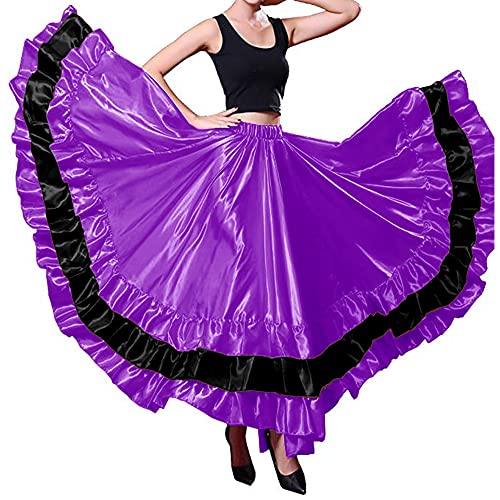 Falda larga de satén de capas rojas negras para mujer, disfraz de flamenco español, danza del vientre, gitana, mexicano, ballet, folklórico, performance, Tema púrpura