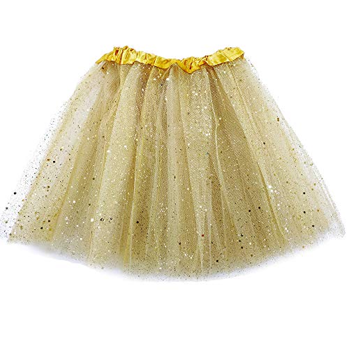 MUNDDY® - Tutu Elastico Tul 3 Capas 30 CM de Longitud para niña Bebe Distintas Colores Falda Disfraz Ballet (Dorado con Purpurina)