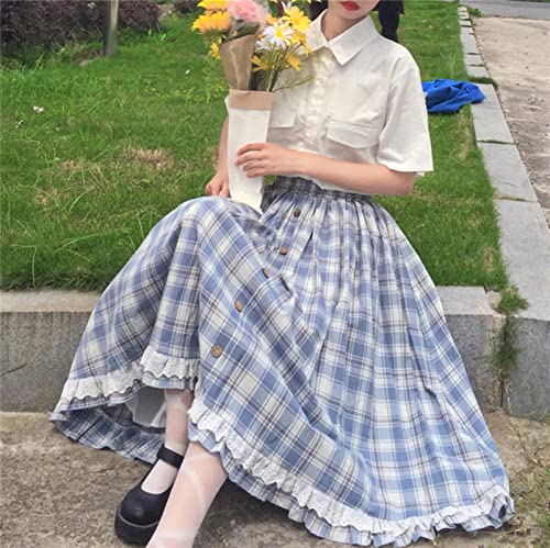 DSFG Falda de Mujer de Estilo japonés Lolita Botones a Cuadros Vintage de Cintura Falda Elegante Ruffles Lindo Kawaii Midi Falda de algodón Hecha-As The Photo,One Size