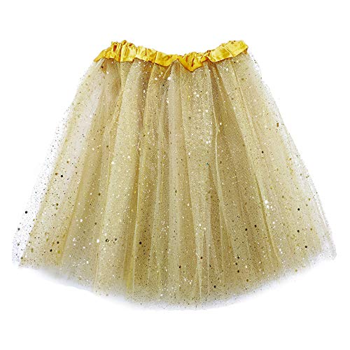 MUNDDY® - Tutu Elastico Tul 3 Capas 40 CM de Longitud para Adulta Distintas Colores Falda Disfraz Ballet (Dorado con Purpurina)