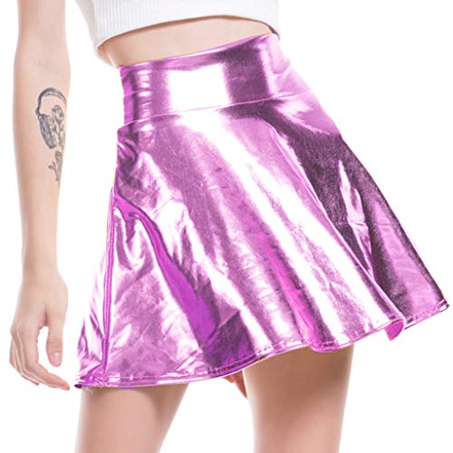 QinMMROPA Minifalda Brillante Metalizada para Mujer Falda Plisada Acampanada Tutu Falda Animadora Rosa S(EU34)