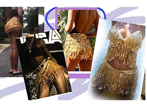 Larancie Falda de lentejuelas para danza del vientre, con borlas y lentejuelas, anudada, para fiesta, Halloween o como disfraz, para mujeres y niñas, dorado