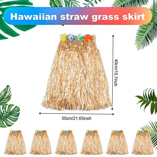 GLAITC 6 Piezas 40cm Hula Grass Falda Hawaiian Leis Dance Dress Set con Flor, Falda Elástica Color Paja Dorada para Hawaiian Aloha Beach Summer Party Supplies