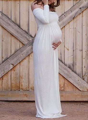 BEDAMAM Premamá Vestido de Manga Larga Maxi Falda Plisada con Encaje Flores para Mujer Casual Maternidad Vestido Fotografía Sexy Vestido de Embarazo Blanco L