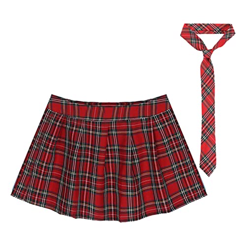 iiniim Falda Plisada para Mujer Sexy Falda Corta con Corbata Casual Basico Falda Escocesa Uniforme Escolar Cintura Alta Mini Falda a Cuadros Skater Mini Skirt A Rojo M