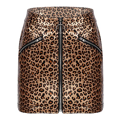 CHICTRY Mini Falda Mujer Atractiva Cuero de Imitación Negro Ropa Erótica Wetlook con Cremallera Bodycon Latex Clubwear Sexy Skirt Leopardo S