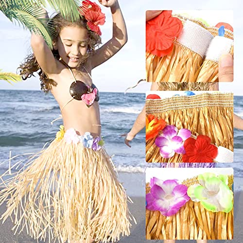 GLAITC 6 Piezas 40cm Hula Grass Falda Hawaiian Leis Dance Dress Set con Flor, Falda Elástica Color Paja Dorada para Hawaiian Aloha Beach Summer Party Supplies